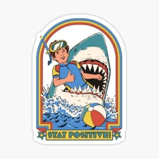 FUNNY LAPTOP STICKERS, STAY POSITIVE! DECAL ART GLOSSY POSITIVITY SHARK JAWS