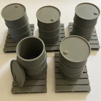 5x DRUM/BARREL Pallets MINI Scale Deco. RC Truck/Military/Diorama/Garage 1:24